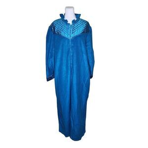 Vintage 70s High Riffle Neck Housecoat Womens Size 2XL Teal Blue Full Zip